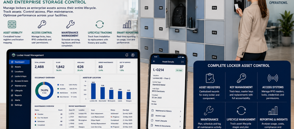 Locker asset management dashboard showing lifecycle tracking, maintenance scheduling, RFID locker systems and facilities asset reporting in a modern UK workplace