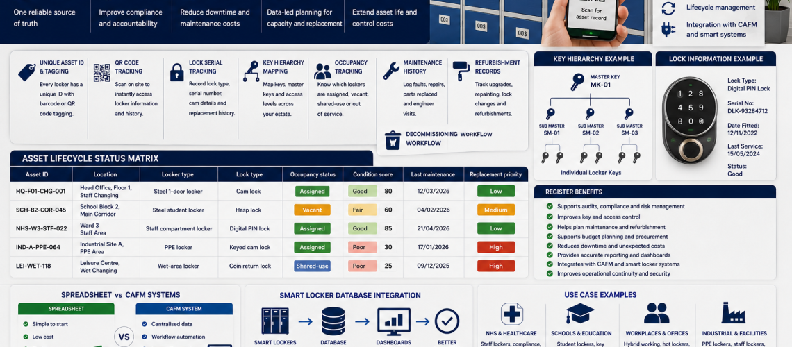 Locker asset register system in a UK estate showing numbered lockers, QR code asset tags, lock serial tracking, key hierarchy mapping, occupancy status, CAFM records, maintenance history and lifecycle replacement priority matrix.