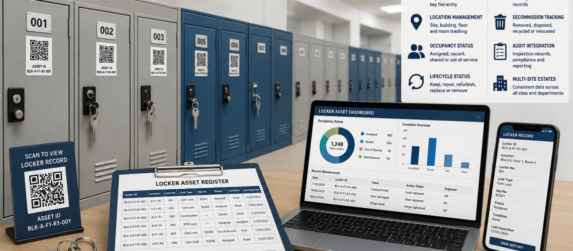 Locker asset register system in a UK workplace showing numbered lockers, QR asset tags, lock tracking records, key management logs and lifecycle maintenance planning for facilities management and estates teams.