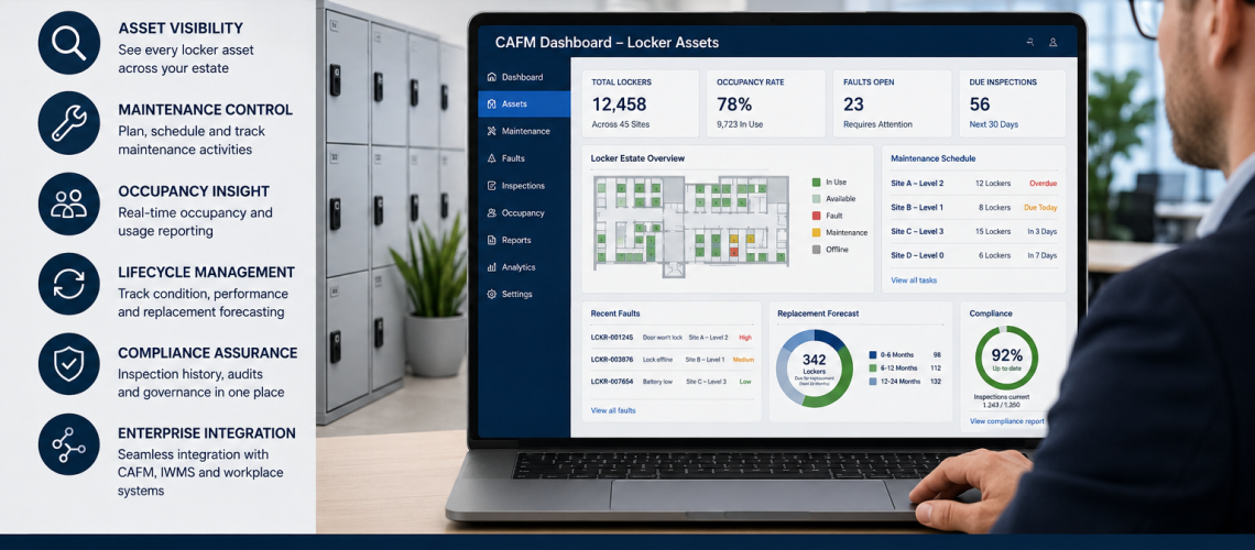 Facilities manager viewing locker CAFM integration dashboard showing locker asset IDs, maintenance tasks, occupancy data and replacement planning for a UK workplace estate.