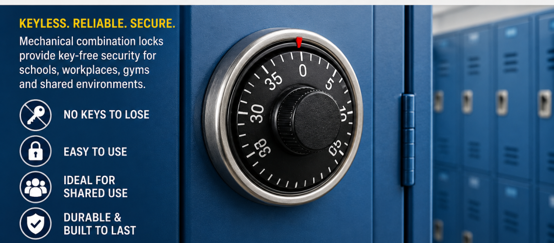 Mechanical locker combination lock with dial showing number code entry on UK school or gym locker