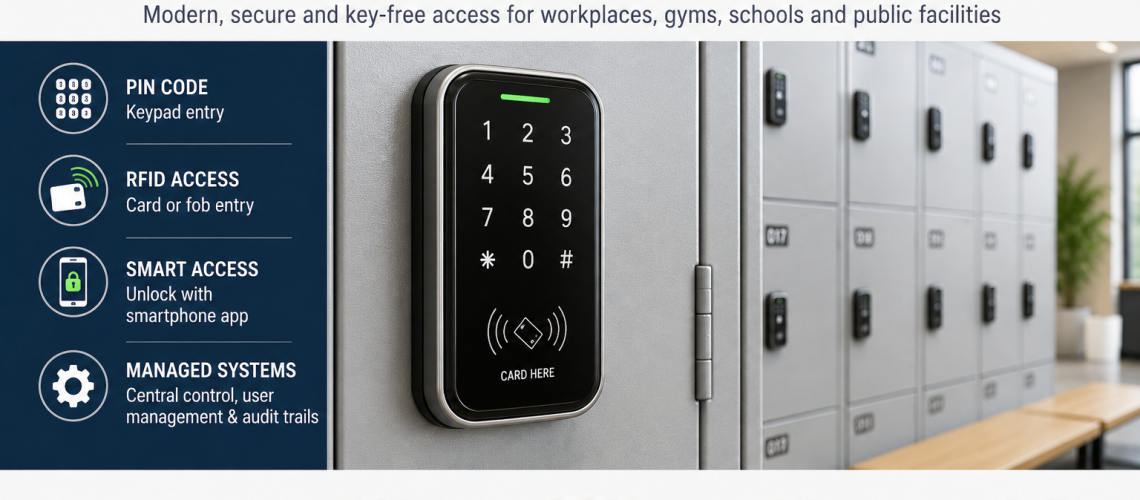 Digital electronic locker lock with keypad and RFID access on modern workplace or gym lockers UK