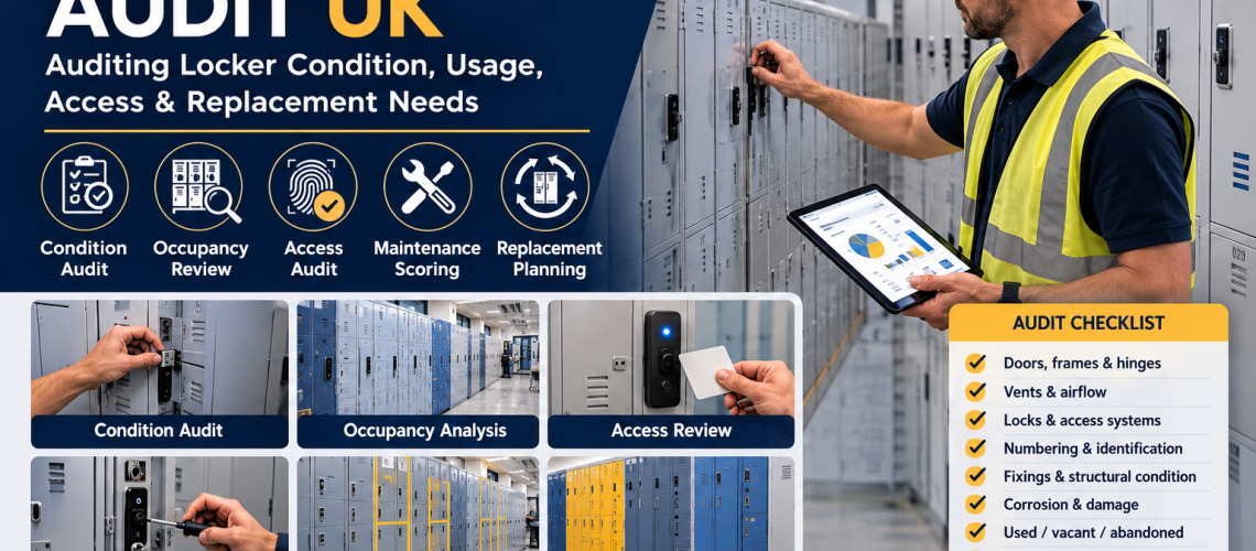Locker estate audit in a UK workplace showing condition checks, occupancy review, access control inspection, lock testing and replacement planning.