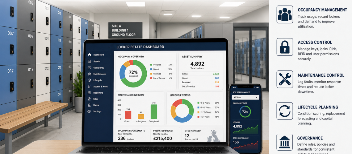Locker estate management system in a UK workplace showing locker asset tracking, occupancy analytics, lifecycle planning, maintenance reporting and multi-site facilities management dashboards