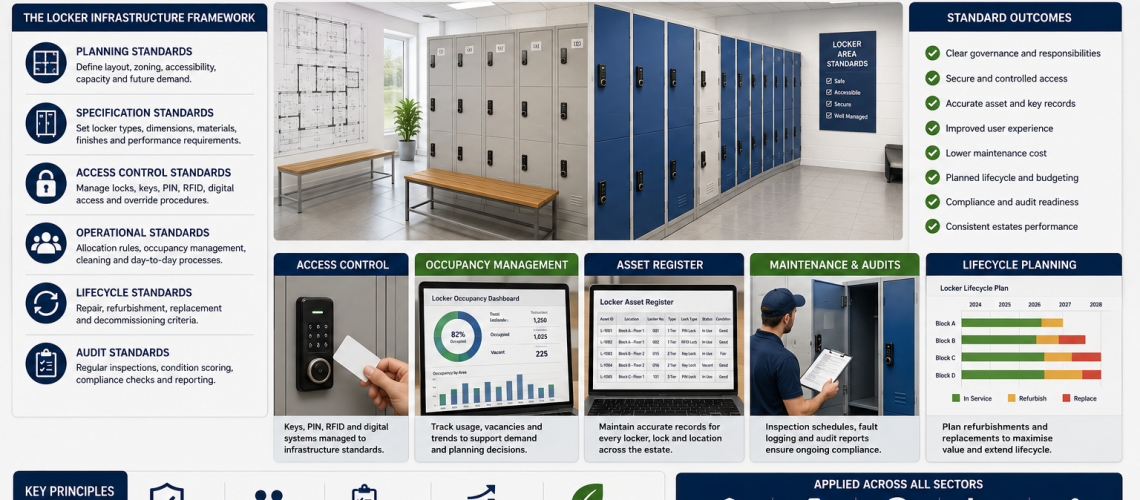 Locker infrastructure standards system in a UK workplace showing planned locker layouts, access control systems, occupancy management dashboards, asset registers, maintenance audits and lifecycle planning for facilities and estates management.