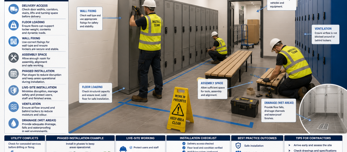 Locker installation planning in a UK changing room showing contractor access, locker assembly space, wall fixing, aisle clearance and phased commercial installation setup