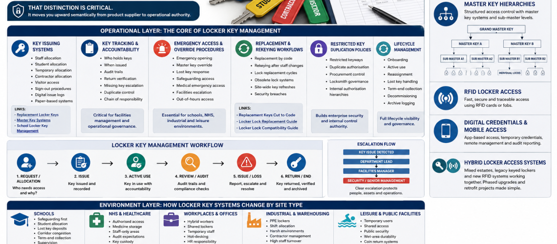 Locker key management system with labelled keys, access records and audit controls for UK workplace and school lockers.