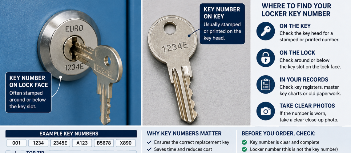 Close-up of locker keys and locker lock showing stamped key number for replacement locker key identification and locker key code reference in the UK