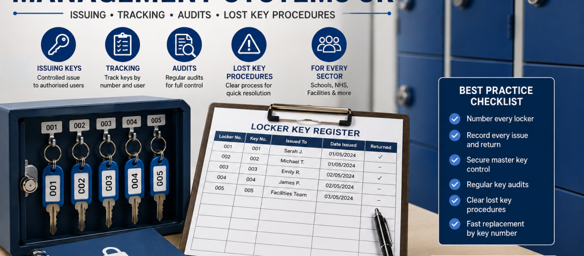 Locker key management system with numbered keys, key register and tracking process for locker key control UK