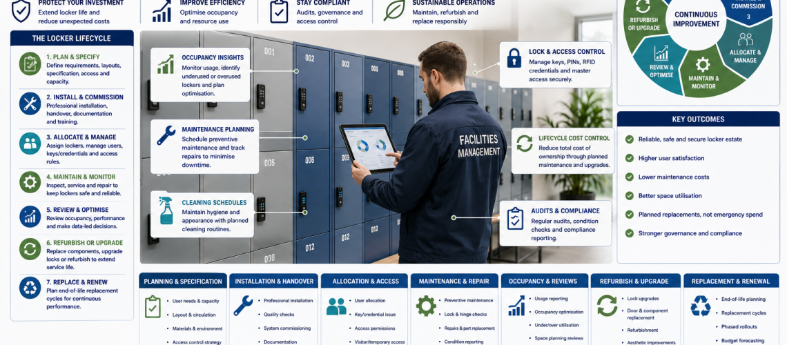 Locker lifecycle management system in a UK workplace showing maintenance planning, occupancy reviews, lock replacement, refurbishment scheduling and long-term locker asset control