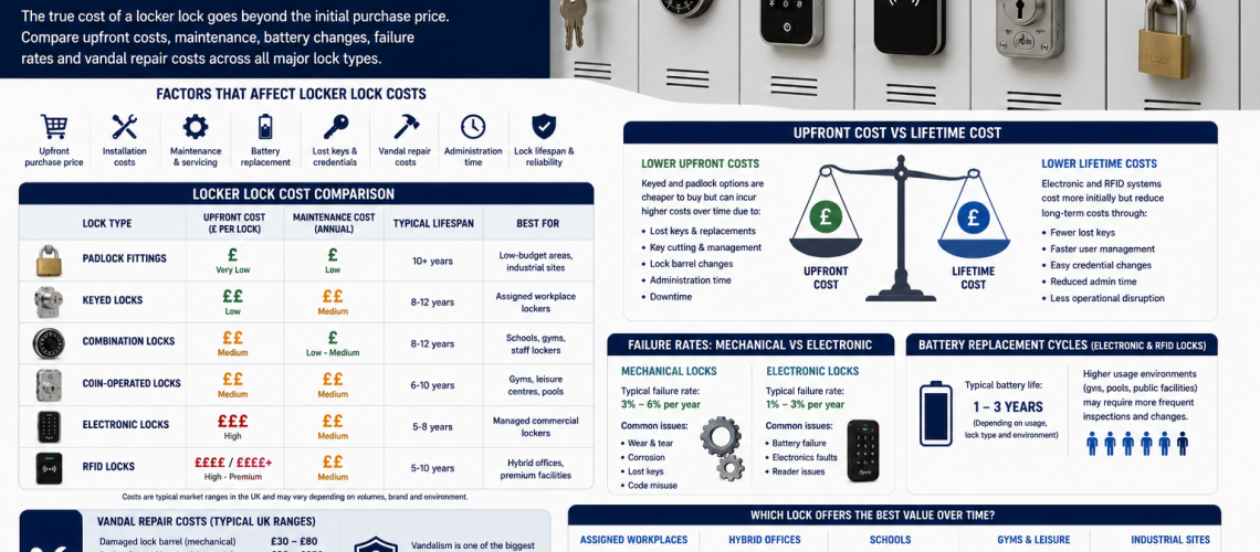 Commercial locker locks in a UK workplace showing keyed, combination, RFID and electronic locker lock systems used for lifecycle cost and maintenance comparison