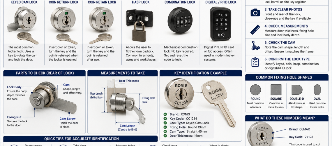 Different locker lock types with locker keys, cams and lock identification details for replacement locker lock compatibility and locker key identification in the UK