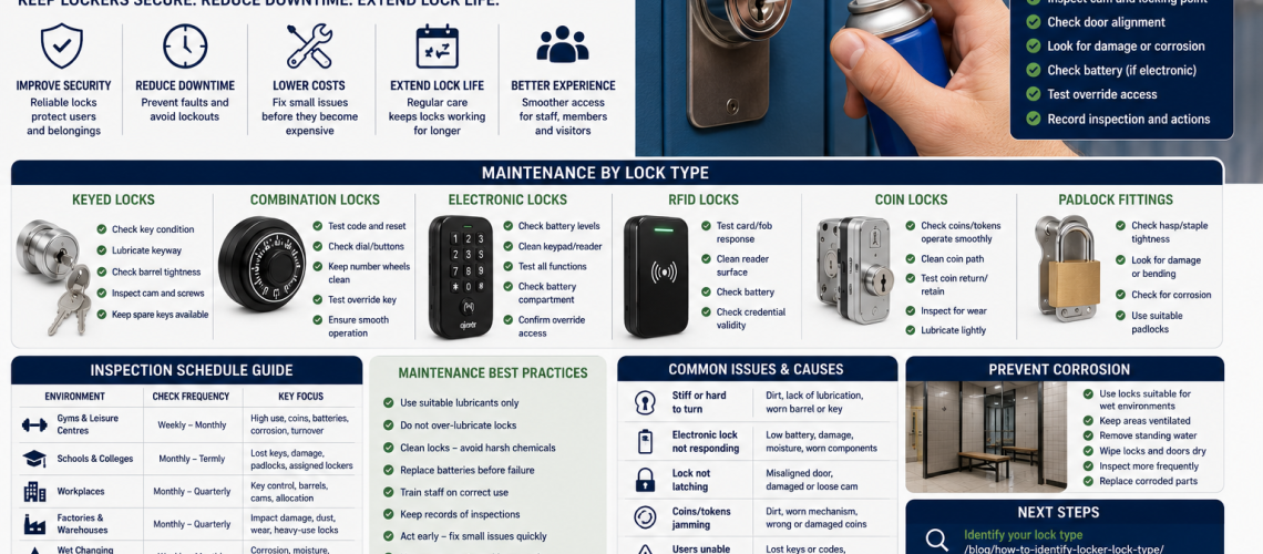 Technician maintaining electronic and keyed locker locks in a UK workplace locker room with preventative maintenance checklist and inspection tools