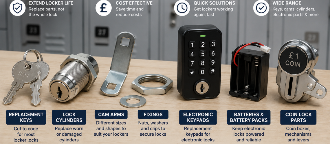 Locker lock parts and spares including replacement keys, cam arms, lock cylinders and electronic components arranged for repair and maintenance in UK workplace lockers