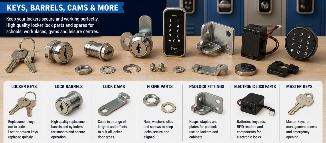 Locker lock spare parts including replacement keys, cam locks, lock barrels, electronic locker lock components and padlock fittings for UK lockers