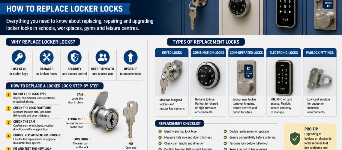 Replacement keyed, combination and electronic locker locks with locker door fittings and lock cams for UK locker lock replacement guide