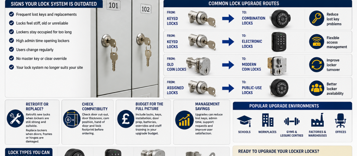 Locker lock upgrade guide showing keyed to electronic lock upgrades, public-use locker conversions, retrofit locker lock options and modern locker management systems for UK workplaces, schools and gyms.