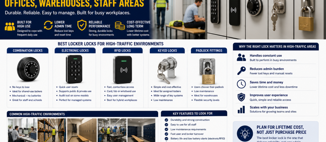 High-traffic workplace locker area with commercial locker locks in offices, warehouses and staff changing rooms using electronic, RFID and combination locker lock systems