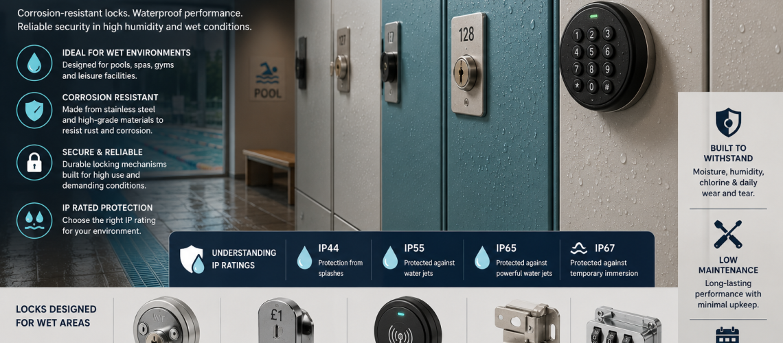 Wet area locker locks in UK leisure centre changing room with corrosion-resistant materials and waterproof design