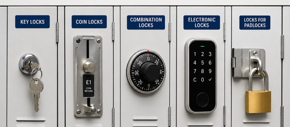 Locker locks UK showing key locks, coin operated locks, combination locks and electronic locker locks on metal lockers