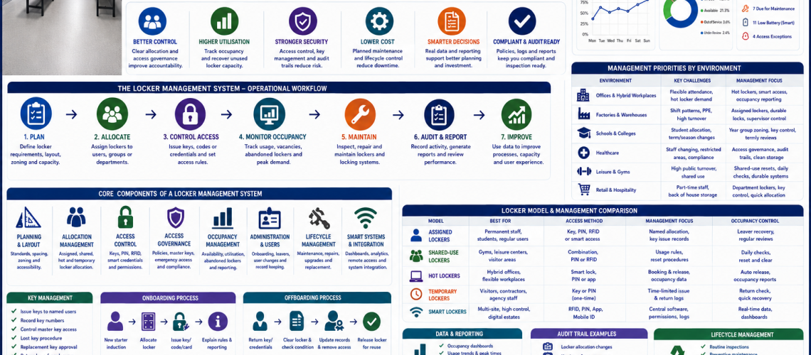 Locker management systems infographic showing locker allocation, access governance, occupancy management and smart locker operations in UK workplaces.