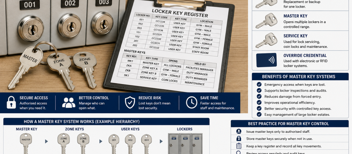 Locker master key system with master keys, locker locks and key register management for controlled locker access and replacement locker key systems in the UK