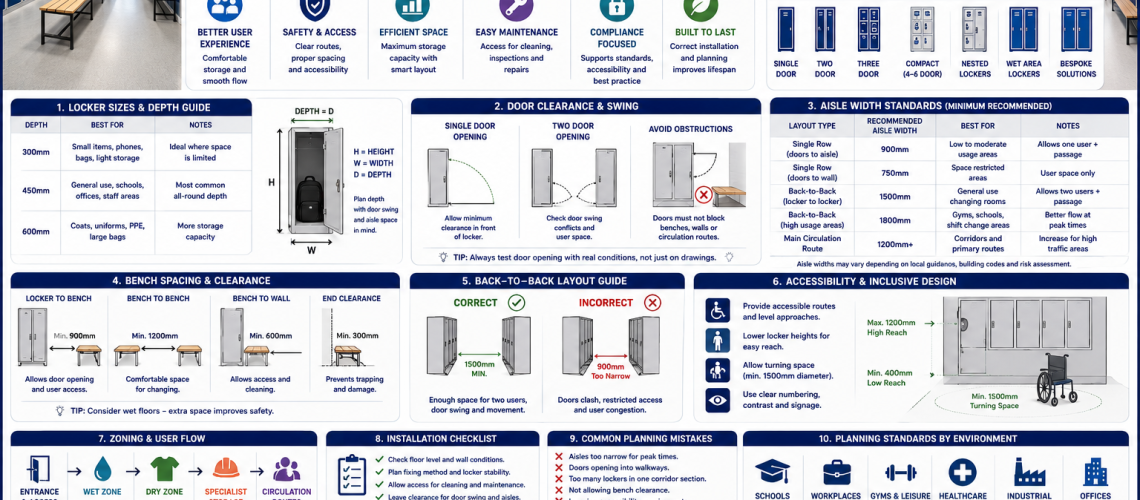 Locker planning standards infographic showing locker layouts, aisle widths, door clearances and changing room spacing in UK facilities.