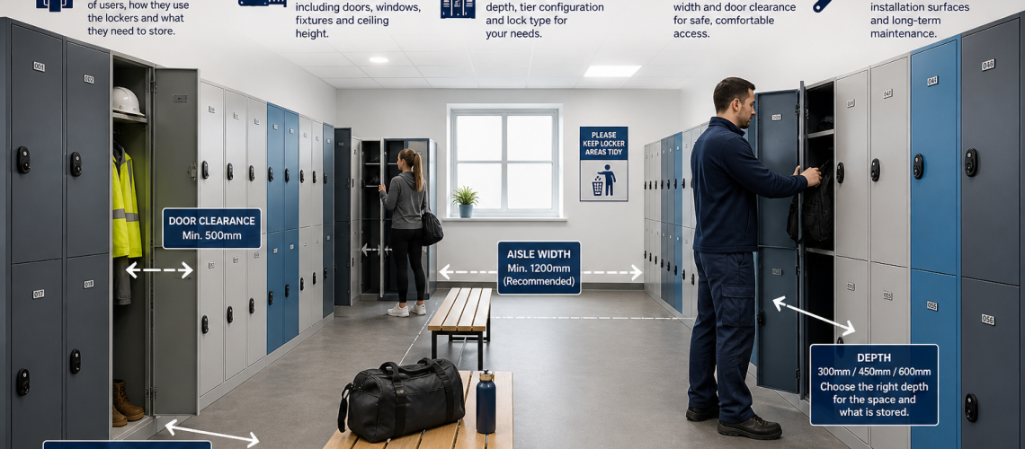 Locker planning UK layout showing aisle space, locker rows and door clearance in a workplace environment