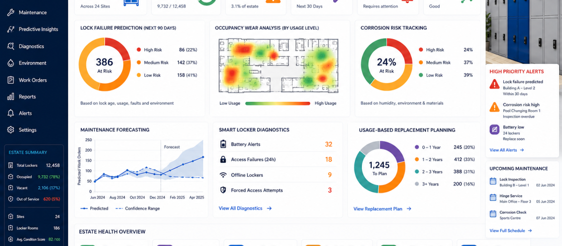 Predictive locker maintenance dashboard showing lock failure forecasting, occupancy wear analysis, corrosion monitoring, smart locker diagnostics and lifecycle replacement planning across a UK locker estate