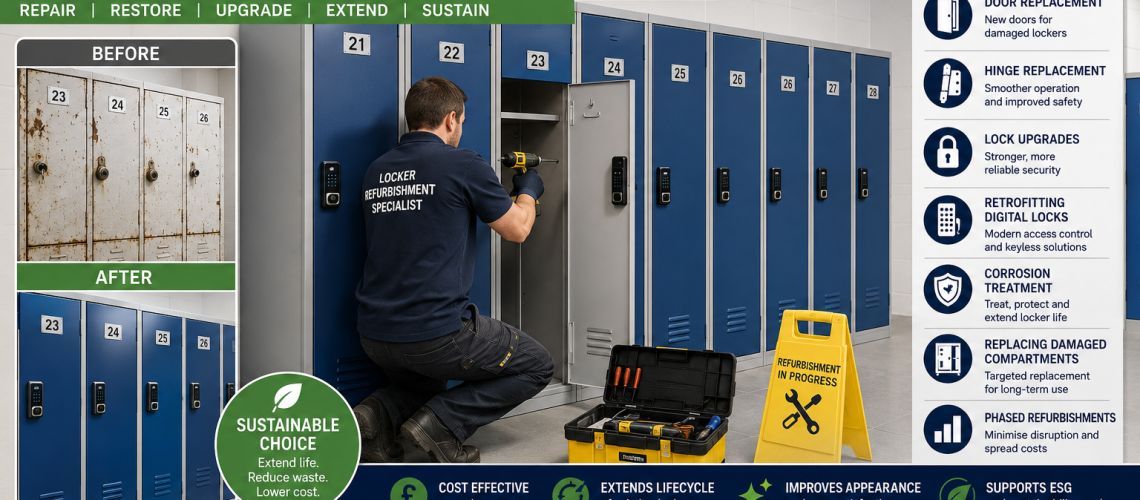 Refurbished workplace lockers in the UK with new doors, upgraded digital locks, repaired hinges, fresh paintwork and maintenance equipment during a locker refurbishment and lifecycle modernisation project.