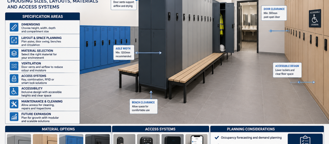 Locker specification planning in a UK workplace changing room showing locker layouts, aisle spacing, access systems and material selection for commercial facilities
