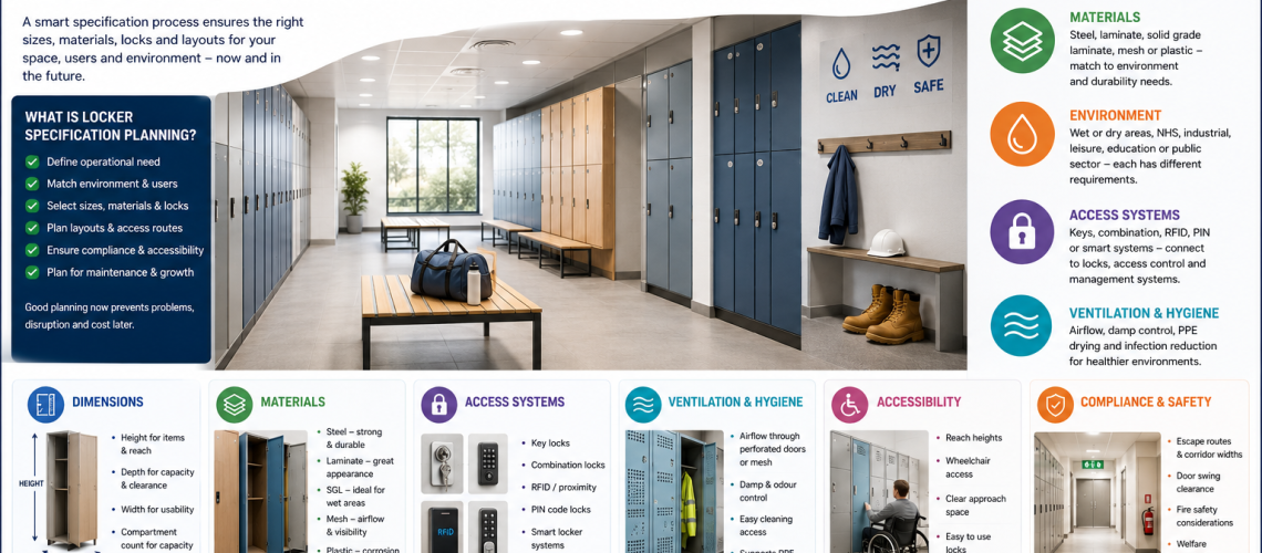 Locker specification planning UK showing locker sizes, materials, layouts, ventilation, access systems and accessibility planning for workplaces, schools and NHS environments