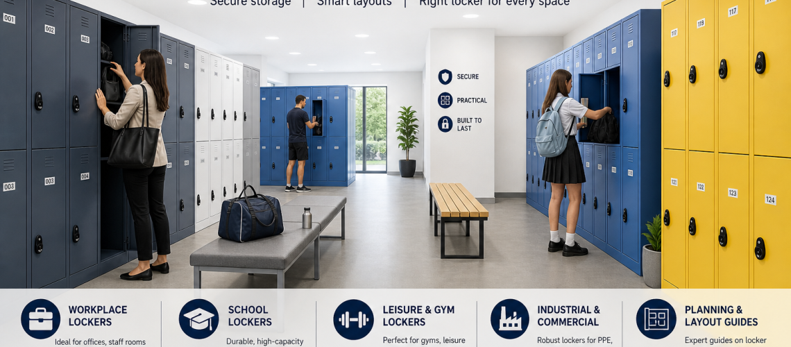 Lockers UK installation showing workplace, school and leisure lockers with clear layout and access space