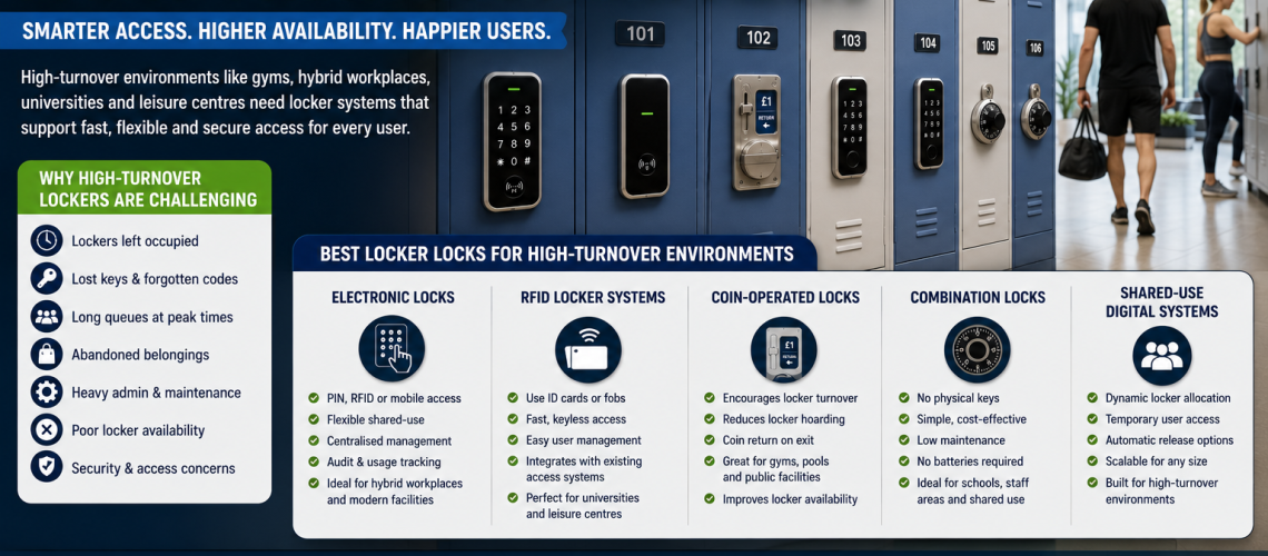 Shared-use locker system with electronic, RFID and coin-operated locker locks in a busy high-turnover workplace and leisure environment