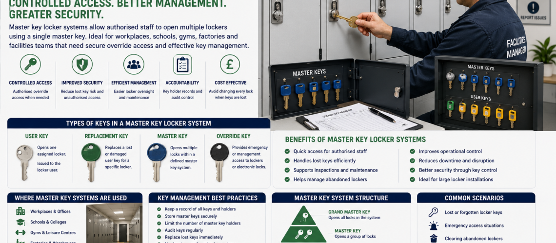 Facilities manager using a master key locker system to access workplace lockers in a UK staff changing room with organised key management controls