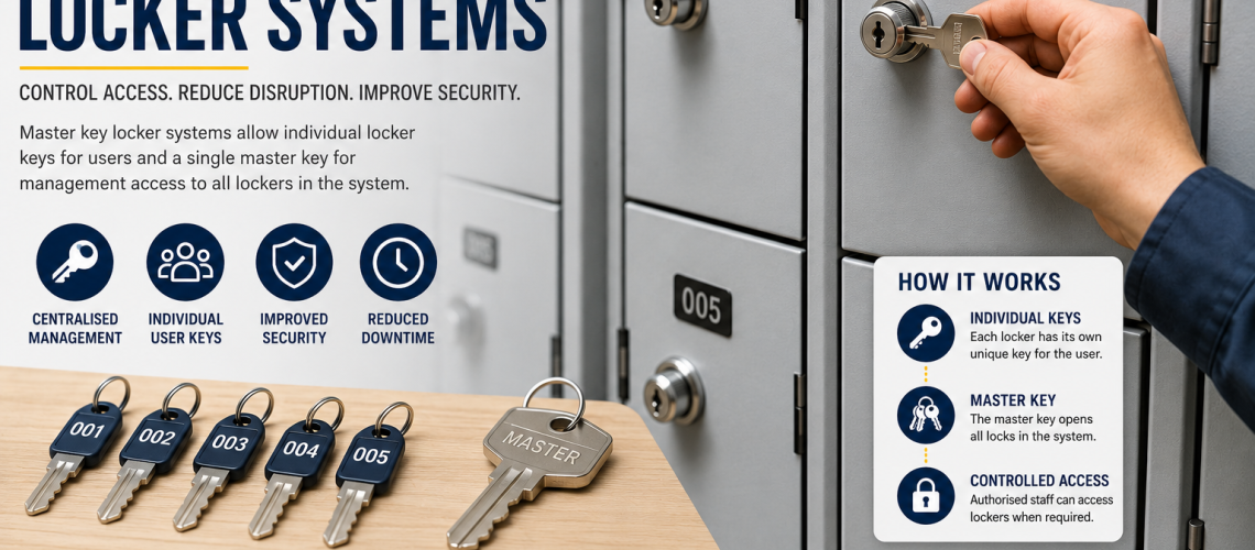Master key locker system showing multiple keyed cam locks with individual keys and one master key used for management access in UK workplace lockers