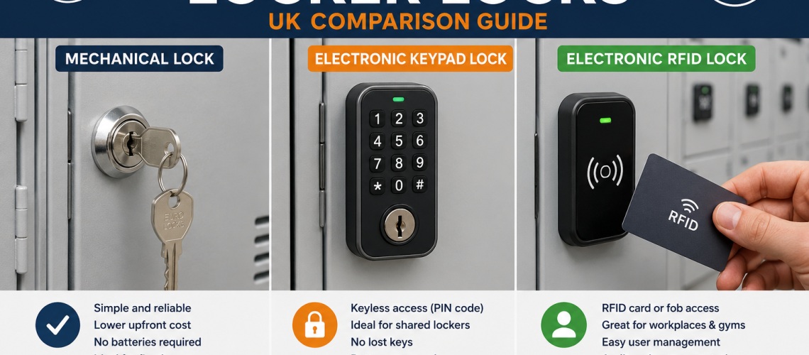 Mechanical vs electronic locker locks comparison showing keypad lock, RFID lock and traditional keyed cam lock on metal lockers in UK workplace