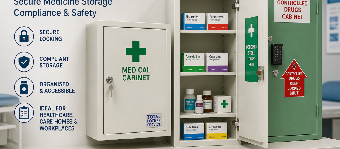 Medical cabinets UK showing secure medicine storage cabinets in healthcare and workplace environments with lockable doors and organised shelves
