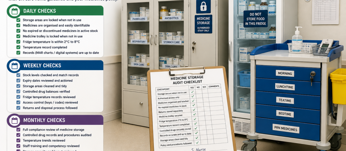 Care home medicine storage audit checklist with cabinets, trolley, fridge temperature log and organised medicine storage for compliance