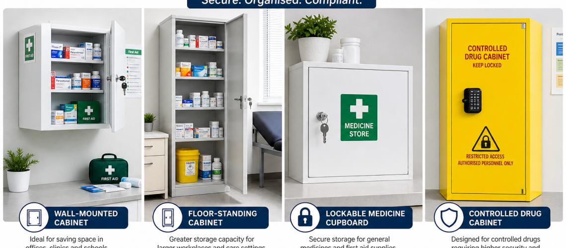 Lockable medicine storage cabinets UK wall-mounted and floor-standing types in workplace and healthcare settings