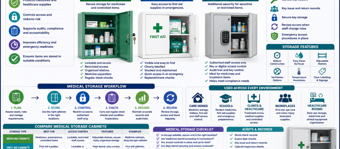 Medical storage systems infographic showing medicine cabinets, first aid storage, access control and healthcare storage management in the UK.