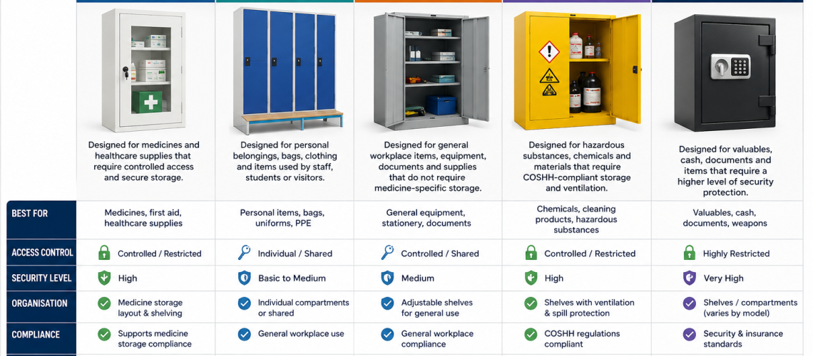 medical cabinets vs lockers COSHH cabinets and safes UK comparison storage systems guide