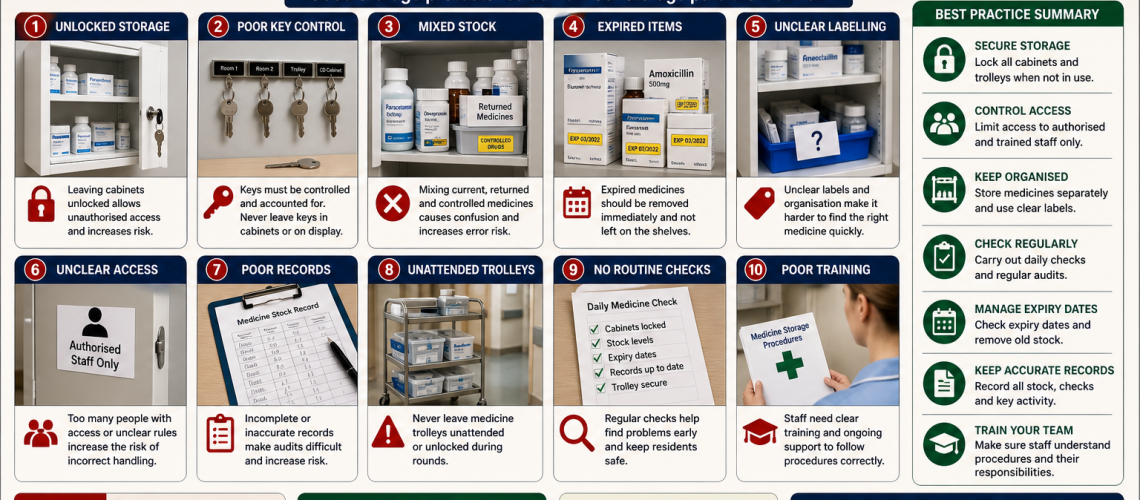 Care home medicine storage mistakes UK showing disorganised cabinets mixed stock expired medicines and poor labelling