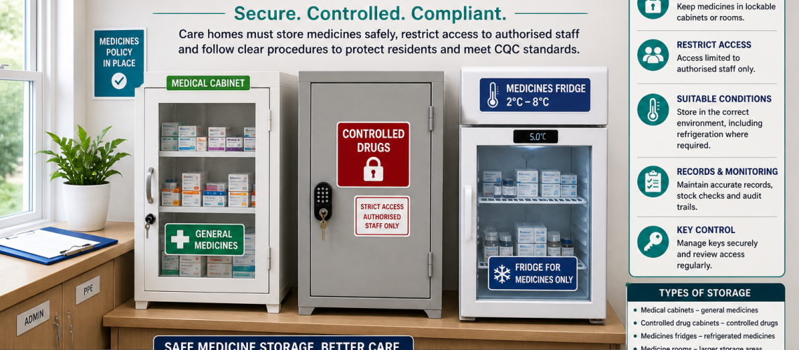Medicine storage in UK care home showing lockable medical cabinet, controlled drug cupboard and medicines fridge with secure access