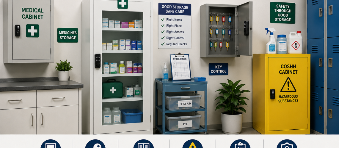 Medicine storage system setup with medical cabinet, key cabinet, lockers and COSHH cabinet in a secure UK workplace environment