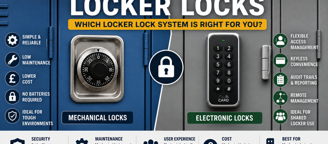 Mechanical locker lock beside electronic digital locker lock fitted to metal lockers in a UK comparison guide