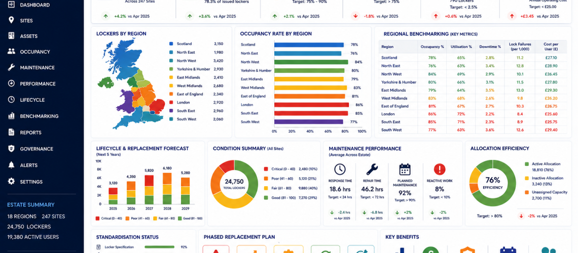 Multi-site locker estate management dashboard showing centralised reporting, regional benchmarking, phased replacement planning and lifecycle analytics across UK workplace and public-sector locker estates