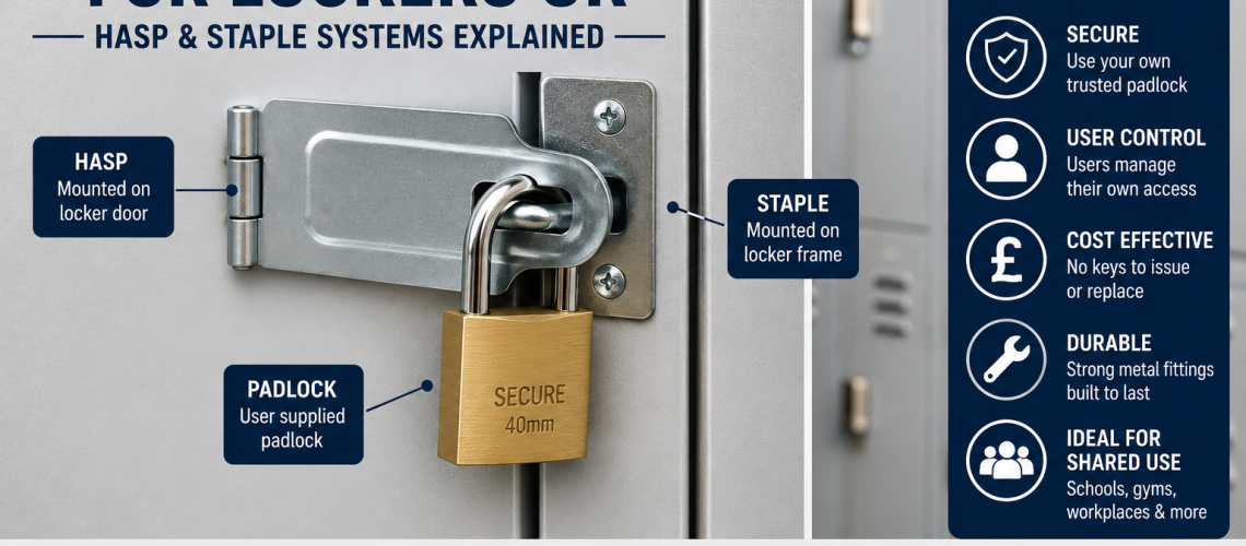 Padlock locker fitting showing hasp and staple system on metal locker door