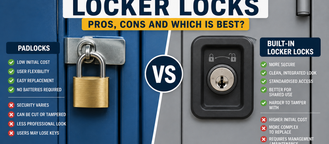 Padlock fitted to locker hasp beside built-in locker lock on metal lockers in a UK comparison guide