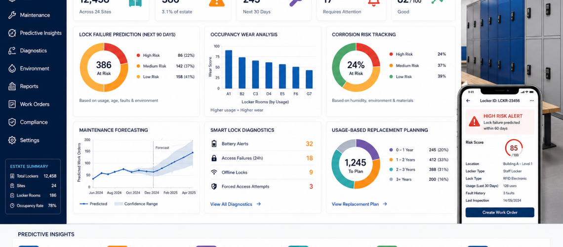 Predictive locker maintenance dashboard showing lock failure forecasting, occupancy wear analysis, corrosion risk monitoring, smart locker diagnostics and lifecycle replacement planning across a UK locker estate